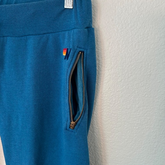 Aviator Nation Blue Joggers Zipper Pockets Size Medium Rainbow Cuffs - Picture 8 of 14